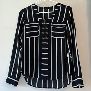 Black blouse with blue and white stripes